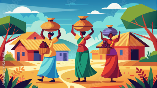 Colorful vector illustration of african women carrying baskets and pots on heads in rural village with traditional houses and warm sunny landscape