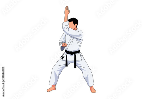 Karate practitioner in white gi performing a martial arts stance.