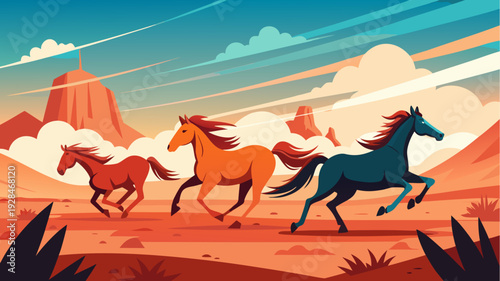 Colorful vector illustration of wild horses running in desert landscape with red canyon rocks and dramatic sky in dynamic western scenery