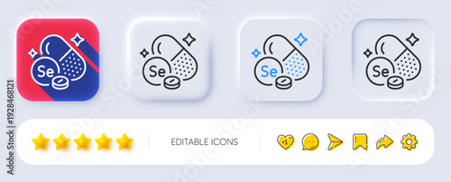 Selenium mineral line icon. Neumorphic, Flat shadow, 3d buttons. Chemical element Se sign. Capsule or pill symbol. Line selenium mineral icon. Social media icons. Vector