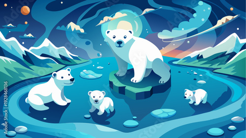 Colorful vector illustration of polar bears family on arctic ice floe with mountains northern lights and moon in winter night landscape