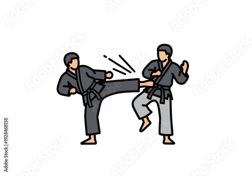 Two martial artists practicing karate combat with a kick.