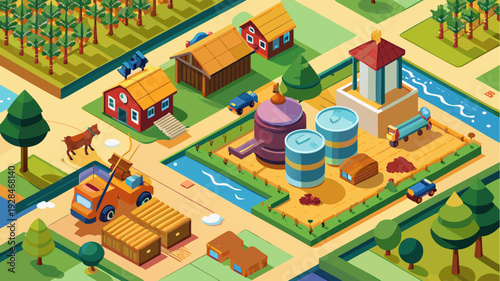Isometric illustration of modern farm with barns silos fields and agricultural machinery in colorful rural landscape with river and livestock