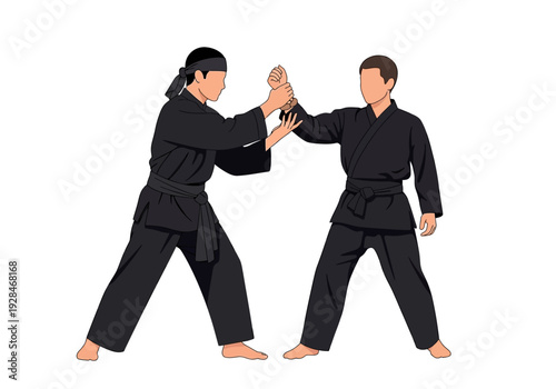 Two martial artists in black uniforms practicing combat techniques.