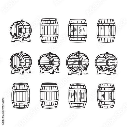 Collection of Various Wooden Barrels with Staves and Hoops Isolated on White Stock Illustration