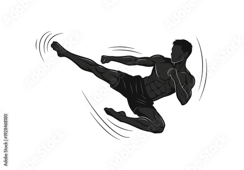 Martial artist performing a dynamic flying side kick in silhouette.
