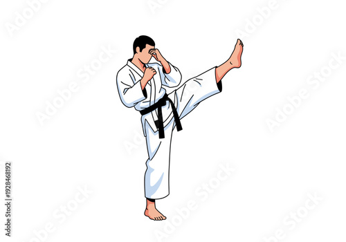 Karate practitioner performing a high side kick with intense focus.