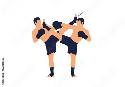 Two Muay Thai Fighters Performing a Double Kick During a Match.