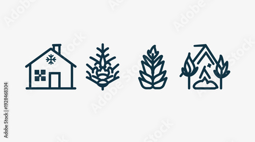 Simplified graphic of a house with snow, then two stylized plants and a final stylized cabin