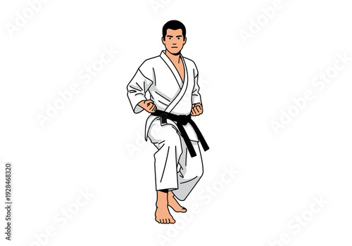 Karate practitioner in white gi and black belt performing a martial arts stance.