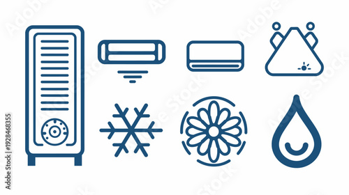 Collection of stylized, simple line-art icons related to cooling, air, climate, and comfort