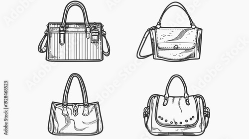 Four hand-drawn bags in different styles, black ink on white background, various designs