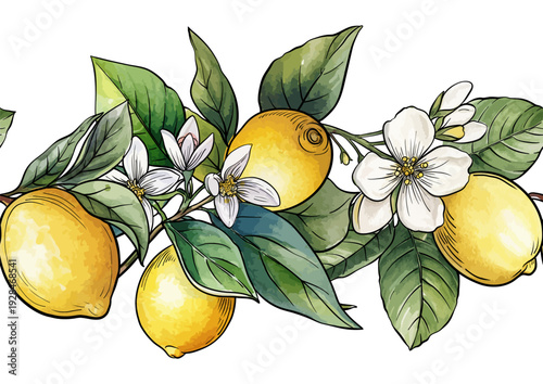 Wallpaper Mural Lemons and blossoms seamless pattern. Decorative botanical design with citrus fruit, branches, leaves, flowers for vintage textile, wallpaper, kitchen, and culinary themes.  Torontodigital.ca
