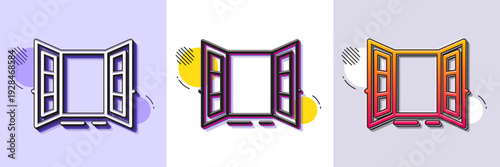 Open door line icon. Halftone dotted pattern. Gradient icon with grain shadow. Entrance doorway sign. Building exit symbol. Line open door icon. Various designs. Vector