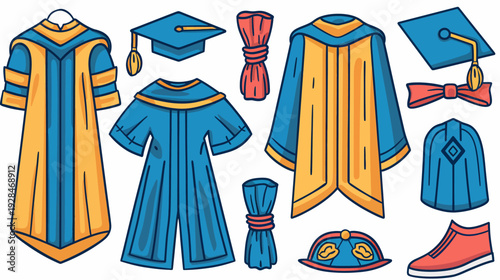 Colorful illustrated set of graduation attire in blue and gold, with mortarboards and gowns