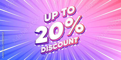 Discount tag sun rays gradient banner. Light burst background. Up to 20 percent discount. Sale offer price sign. Special offer symbol. Save 20 percentages. Gradient sun rays. Sunburst light. Vector