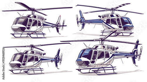 Four stylized illustrations of helicopters, depicted in white and blue, showcasing different angles