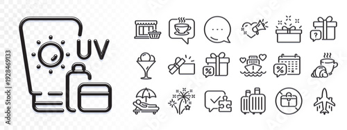 Coffee, Fireworks and Ice cream line icons for web app. Glare of light effect. Message icon. Pack of Coffee break, No handbag, Puzzle pictogram icons. Vector