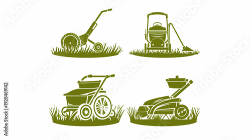 Four gardening machine silhouette icons. Lawn mowers, edgers, and fertilizer spreaders depicted