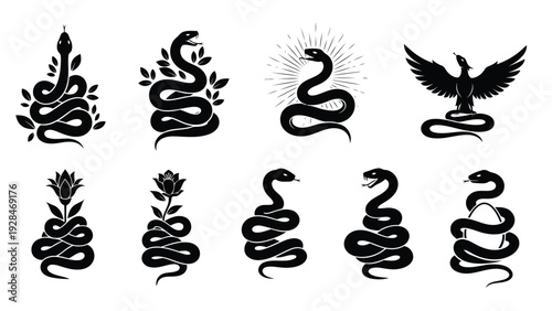 Elegant collection of stylized mythical and celestial creatures in intricate line art Vector