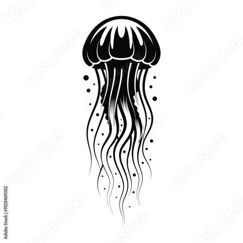 Elegant black and white illustration of a floating jellyfish with flowing tentacles Vector
