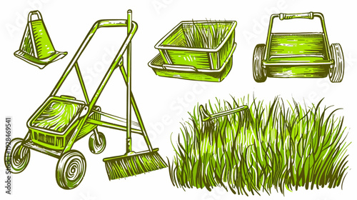 A collection of gardening tools including a broom, cart, grass, and a cone, all illustrated in green and black