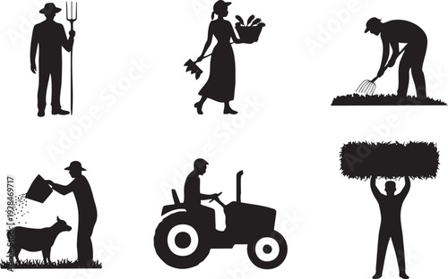 Farmer working in field with tractor and harvesting crops, silhouette set
