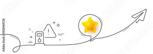 Petrol station line icon. Continuous line with share plane. Filling gas station sign. Diesel fuel symbol. 3d star in speech bubble. Petrol station single line ribbon. Loop curve pattern. Vector