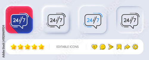 24 hours service line icon. Neumorphic, Flat shadow, 3d buttons. Call support sign. Feedback chat symbol. Line 24h service icon. Social media icons. Vector