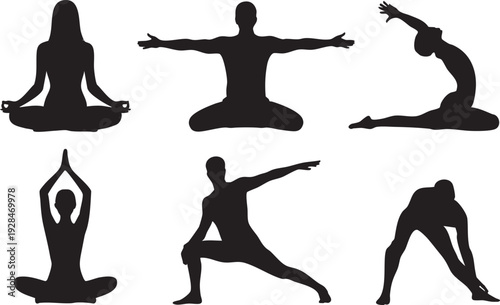 Yoga poses and meditation silhouettes for wellness and healthy lifestyle activities
