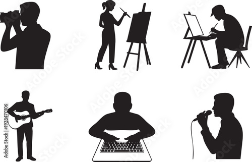 Artist silhouettes engaged in creative activities like painting, drawing, playing guitar, and singing.