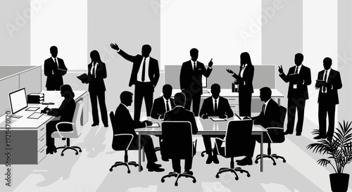 A black and white illustration depicts a business meeting in a modern office setting