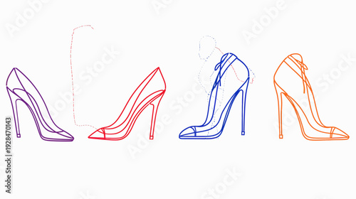 Four colorful high heels sketched in outline, with color variations and a dotted figure