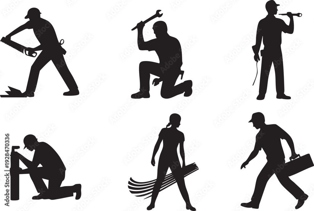 Obraz premium Silhouettes of construction workers and craftsmen using tools and equipment