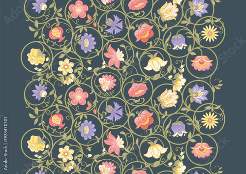 Wallpaper Mural Ornate floral seamless pattern. Elegant hand-drawn botanical motif with intricate repeating layout for textile, wallpaper and decor, classic flowers and foliage create a refined vintage background. Torontodigital.ca