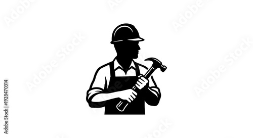 Construction worker silhouette holding a hammer depicted in black and white