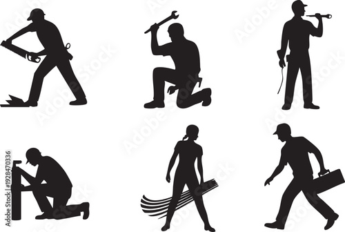 Silhouettes of construction workers and craftsmen using tools and equipment