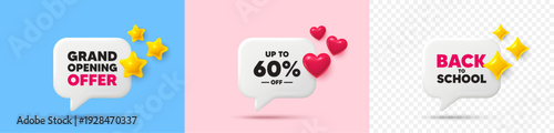 Discount tag chat speech bubble. 3d stars, sparkles, hearts chat bubbles. Up to 60 percent off sale. Discount offer price sign. Special offer symbol. Save 60 percentages. Vector