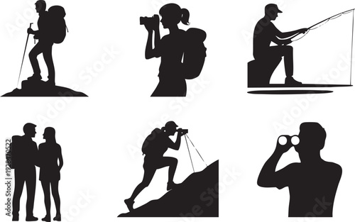 Silhouettes of hikers, photographer, fisherman, and couple, exploring nature