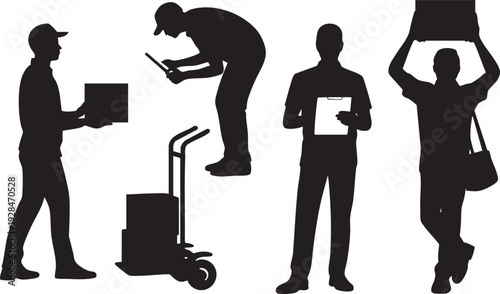 Silhouettes of delivery workers with packages and hand truck, logistics and shipping