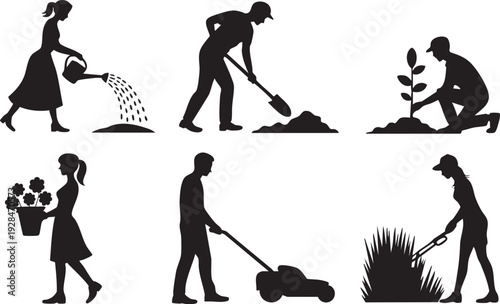 Group of black silhouette people performing gardening tasks like watering, digging, planting, mowing, and trimming.