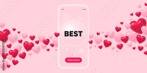 Best glass mobile phone. 3d hearts pink background. Best promotion tag. Special offer Sale sign. Advertising Discounts symbol. Transparent speech bubble banner. Flying hearts. Vector