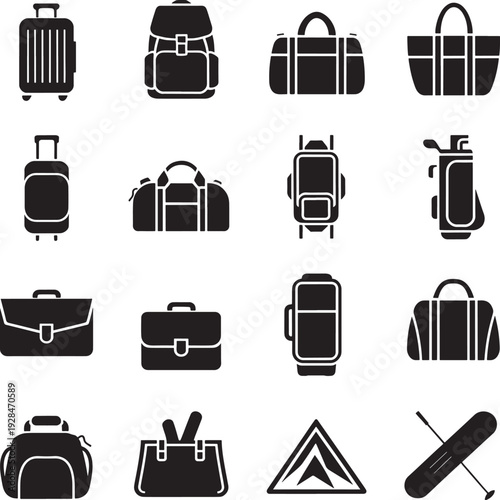 Set of Black Icons for Luggage Bags and Travel Accessories