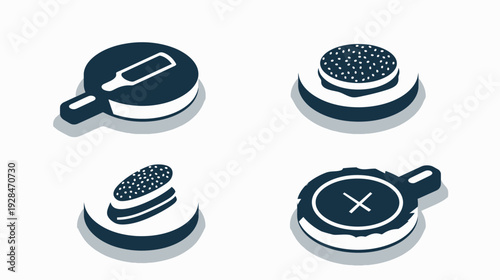 Four isometric illustrations of various food items, including cooking tools and burgers, on a white background