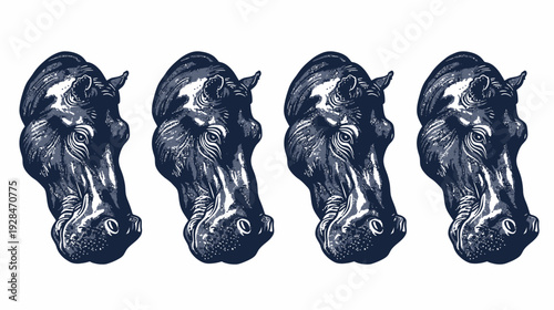 A grayscale, graphic illustration featuring four stylized, side-profile depictions of a hippo's head