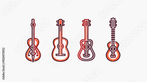 Four stylized guitar outlines in shades of red, with variations in shape, strings, and headstock