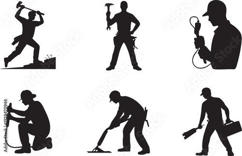 Construction worker silhouettes, people with tools like hammer, drill, vacuum, blueprints.