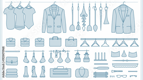 Flat vector illustration of clothing items, including shirts, suits, ties, and accessories