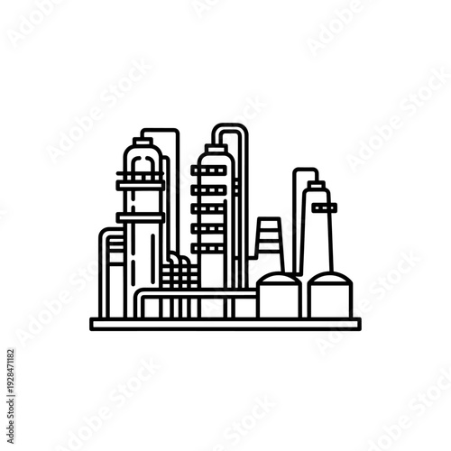 Simple vector illustration of an oil refinery, symbolizing energy, industry, and production with a clean, minimalist line art style.