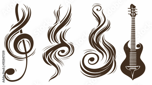 Stylized image featuring a musical note, swirling shapes, and an electric guitar silhouette